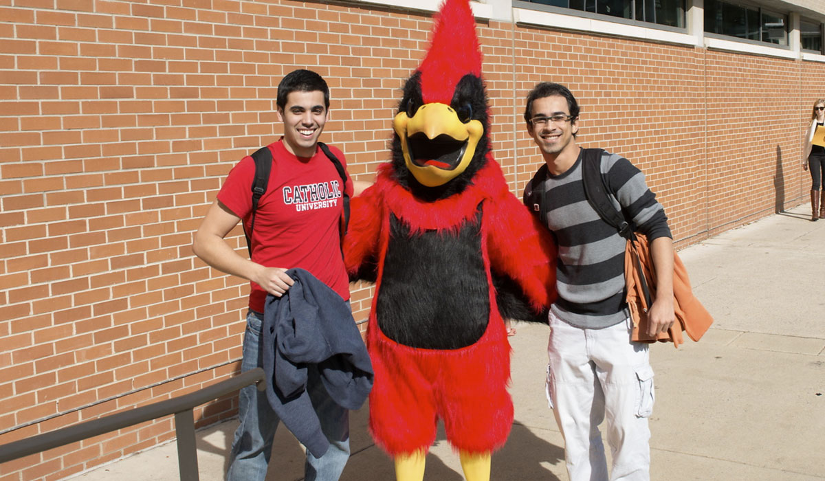 Cardinal Mascot with CUA students